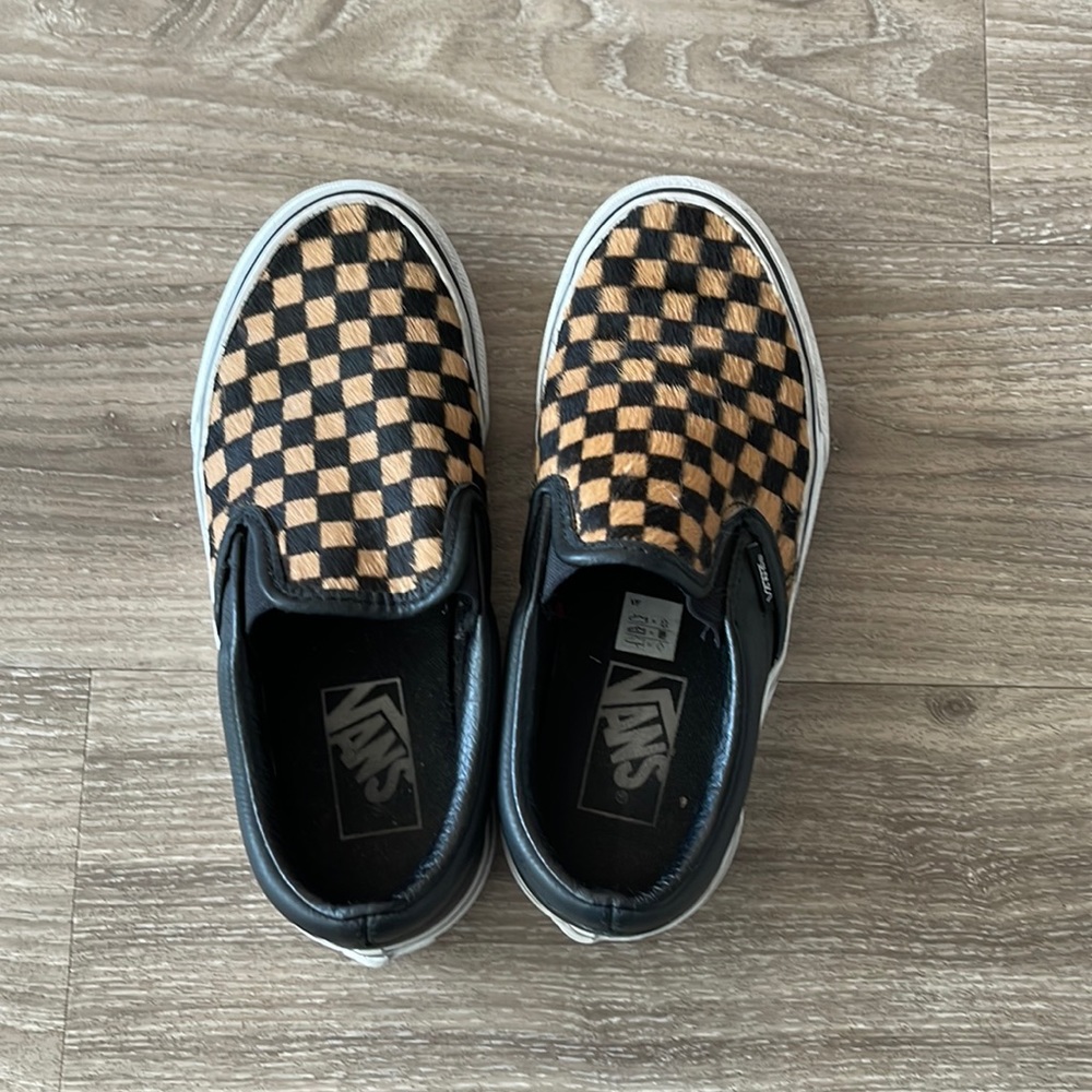 Vans Black and Tan checkered calf fur inspired sneakers. Woman’s size 5.5.